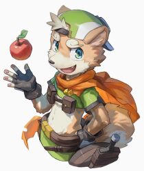 Rule 34 | 1boy, animal ears, apple, backwards hat, brown gloves, cape, commentary, cosplay, crop top, dog boy, dog ears, dog tail, fang, fingerless gloves, food, fruit, furry, furry male, gloves, green cape, green headwear, hand on belt, hashtag only commentary, hat, looking at viewer, lou (world flipper), male focus, open mouth, sheath, sheathed, smile, sven (world flipper), sven (world flipper) (cosplay), tail, waahurikya, white background, world flipper