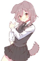 1girl :3 alternate_costume animal_ears black_necktie black_skirt black_sweater_vest blush braid brown_hair collar commentary_request cowboy_shot dog_ears dog_girl dog_tail hand_on_own_hip hololive inugami_korone ishida_aya long_hair long_sleeves looking_at_viewer mixed-language_commentary necktie pleated_skirt red_collar red_eyes school_uniform shirt simple_background skirt solo sweater_vest tail twin_braids virtual_youtuber white_background white_shirt