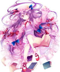 Rule 34 | 1girl, arm up, blush, book, breasts, crescent, dress, female focus, frills, full body, hair ribbon, hat, ibara riato, long hair, open mouth, patchouli knowledge, pink dress, pink eyes, purple hair, ribbon, solo, striped clothes, striped dress, touhou, white background