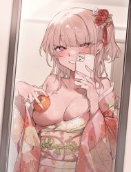 Rule 34 | 1girl, :d, absurdres, bare shoulders, blonde hair, blush, breasts, cleavage, collarbone, covering privates, covering breasts, floral print, flower, food, fruit, funyo (masa), grin, hair flower, hair ornament, highres, indoors, japanese clothes, kimono, large breasts, long hair, long sleeves, looking at viewer, mandarin orange, mirror, off shoulder, one breast out, one side up, open mouth, orange eyes, original, parted lips, pink kimono, print kimono, red flower, reflection, selfie, smile, solo, taking picture, wide sleeves