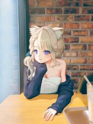 Rule 34 | 1girl, absurdres, animal ears, blonde hair, braid, breasts, brick wall, cat ears, cleavage, commentary request, genshin impact, hair over shoulder, highres, indoors, long hair, long sleeves, looking at viewer, lynette (genshin impact), medium breasts, off shoulder, purple eyes, reosroom, shirt, single bare shoulder, solo, strapless, strapless shirt, upper body