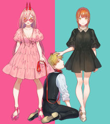Rule 34 | 1boy, 2girls, black dress, blonde hair, bomhat, breasts, chainsaw man, cleavage, collar, denji (chainsaw man), dress, formal, glasses, grey background, highres, horns, makima (chainsaw man), medium breasts, multiple girls, pink background, pink dress, pink hair, power (chainsaw man), red hair, shoes, spiked collar, spikes, strap, suit, yellow eyes