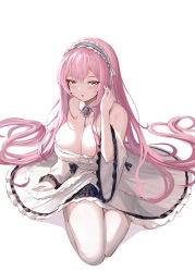 Rule 34 | 1girl, :o, arm support, azur lane, bare shoulders, blush, breasts, btraphen, cleavage, detached collar, detached sleeves, dress, hand up, headdress, highres, large breasts, long hair, looking at viewer, perseus (azur lane), pink eyes, pink hair, seiza, sitting, solo, strapless, strapless dress, thighhighs, very long hair, white thighhighs, wide sleeves