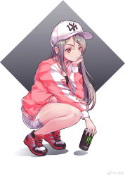 Rule 34 | 1girl, baseball cap, black bra, bra, can, head rest, earrings, energy drink, green nails, grey hair, hat, highres, holding, holding can, hoop earrings, jacket, jewelry, long hair, long sleeves, monster energy, nail polish, open clothes, open jacket, original, pink jacket, red eyes, shoes, shorts, sneakers, solo, sports bra, squatting, tiaogeng, underwear, white shorts