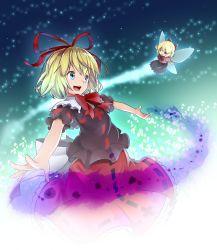 Rule 34 | 1girl, blonde hair, blue eyes, bow, capelet, female focus, flower, foreshortening, hair ribbon, highres, light trail, lily of the valley, medicine melancholy, night, night sky, ninnzinn, open hand, open mouth, outstretched arms, puffy short sleeves, puffy sleeves, ribbon, short hair, short sleeves, skirt, skirt set, sky, solo, spread arms, su-san, touhou, wings