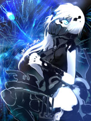 Rule 34 | 10s, 1girl, abyssal ship, ascot, black dress, blue eyes, boots, covered mouth, dress, glowing, glowing eyes, kantai collection, looking at viewer, ne-class heavy cruiser, pale skin, primary stage, short dress, short hair, solo, thigh boots, thighhighs, turret, white hair