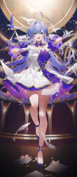 Rule 34 | 1girl, :d, absurdres, ahoge, bare legs, bare shoulders, bird, blue eyes, blue footwear, blue hair, breasts, chinese commentary, detached sleeves, dress, full body, gloves, hair between eyes, halo, highres, honkai: star rail, honkai (series), long hair, looking at viewer, medium breasts, open mouth, outstretched arm, robin (bird), robin (honkai: star rail), sheet music, short sleeves, single hair intake, smile, solo, standing, standing on one leg, swkl:d, very long hair, white dress, white gloves