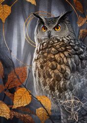 Rule 34 | 2023, abstract, ambiguous gender, animal, animal focus, artist logo, autumn, autumn leaves, bird, blurry, blurry background, bug, circle, closed mouth, commentary, dated, depth of field, english commentary, forest, french commentary, from side, full body, giz-art, horned owl, implied halo, insect, leaf, looking at viewer, moth, nature, no humans, original, outdoors, photo-referenced, realistic, ripples, solo, tree, turning head, yellow eyes