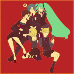 Rule 34 | 2boys, 3girls, bisexual male, brother and sister, everyone, green hair, harem, hatsune miku, kagamine len, kagamine rin, kaito (vocaloid), mame chiyo, meiko (vocaloid), multiple boys, multiple girls, siblings, simple background, thighhighs, twins, twintails, vocaloid