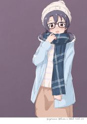 Rule 34 | 1girl, beanie, black-framed eyewear, black hair, blue coat, brown eyes, brown skirt, casual, clenched hand, coat, dark background, glasses, hair tie, hat, idolmaster, idolmaster million live!, idolmaster million live! theater days, long sleeves, looking at viewer, open mouth, scarf, simple background, skirt, smile, solo, striped clothes, striped sweater, suke (momijigari), sweater, takayama sayoko, twintails, white hat, winter clothes