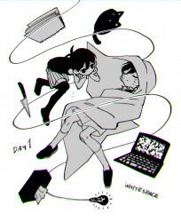 2boys blanket cat closed_eyes closed_mouth computer crying dual_persona expressionless greyscale highres kneehighs knife laptop looking_at_another male_focus mewo monochrome multiple_boys notebook omori omori_(omori) shorts socks striped_clothes striped_shorts sunny_(omori) tank_top tissue tissue_box toastytoast vertical-striped_clothes vertical-striped_shorts