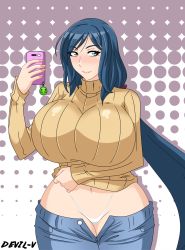 Rule 34 | 10s, 1girl, abstract background, aqua eyes, artist name, blue hair, blush, breast hold, breasts, cellphone, clothes lift, curvy, denim, devil-v, g-string, gundam, gundam build fighters, haro, highres, huge breasts, impossible clothes, impossible sweater, iori rinko, jeans, long hair, lying, mature female, on back, panties, pants, phone, ponytail, ribbed sweater, smile, solo, string panties, sweater, sweater lift, thick thighs, thighs, thong, underwear, unzipped, very long hair, white panties, wide hips