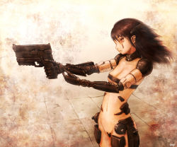 Rule 34 | 1girl, aiming, android, armor, belt bra, breasts, brown eyes, brown hair, brown theme, c-string, choker, cleavage, cowboy shot, crotch plate, earrings, facial tattoo, from side, gun, hair ornament, handgun, jewelry, long hair, mechanical arms, navel, original, revealing clothes, sepia, signature, small breasts, solo, standing, star (symbol), strapless bottom, tattoo, unagi (sougansouji), watermark, weapon