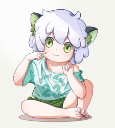 Rule 34 | 1boy, animal ears, bare legs, barefoot, cat ears, child, green eyes, green shorts, looking at viewer, luo xiaohei, luo xiaohei (human), luo xiaohei zhanji, male focus, print shirt, shirt, short hair, short sleeves, shorts, simple background, smile, solo, user jnpf3343, white background, white hair, white shirt