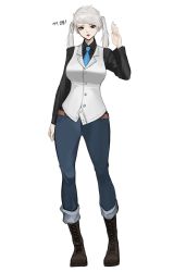 Rule 34 | 1girl, absurdres, aqua necktie, arm up, belt, black footwear, black shirt, blue pants, boots, clive (cyphers), collared shirt, cyphers, fang, full body, genderswap, genderswap (mtf), grey vest, highres, long hair, long sleeves, looking at viewer, necktie, norunollu, open mouth, pants, red eyes, shirt, simple background, solo, standing, twintails, vest, white background, white hair