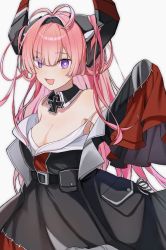 Rule 34 | 1girl, :d, azur lane, black dress, breasts, cleavage, cross, dress, highres, horns, iron cross, long hair, long sleeves, looking at viewer, open mouth, pink hair, prinz rupprecht (azur lane), purple eyes, simple background, smile, solo, sweetpotatojelly, upper body, white background