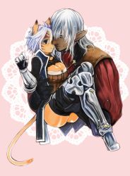 Rule 34 | 00s, 1boy, 1girl, animal ears, armor, black gloves, black thighhighs, blush, breasts, bustier, carrying, cat ears, cat girl, cat tail, cleavage, dark-skinned male, dark skin, doraeshi, earrings, elf, elvaan, facial mark, facial tattoo, final fantasy, final fantasy xi, gauntlets, gloves, greaves, hetero, highres, jewelry, large breasts, long hair, mithra (ff11), pointy ears, princess carry, short hair, shoulder pads, silver hair, size difference, stud earrings, tail, tattoo, thighhighs, upper body, whisker markings