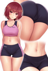 Rule 34 | 1girl, arms behind back, ass, bare shoulders, black shorts, blush, breasts, closed mouth, collarbone, commentary request, cowboy shot, gluteal fold, hair between eyes, head tilt, huyumitsu, looking at viewer, medium breasts, midriff, multiple views, navel, original, pink sports bra, red eyes, red hair, short hair, short shorts, shorts, sidelocks, simple background, sports bra, sweat, taut clothes, thigh gap, white background