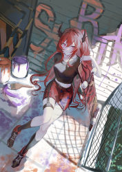 Rule 34 | 1girl, absurdres, ankle boots, arknights, belt, belt buckle, black footwear, black shirt, black socks, boots, breasts, bucket, buckle, chain-link fence, closed mouth, collarbone, fence, from above, full body, graffiti, highres, holding, horns, kneehighs, long hair, looking at viewer, looking up, medium breasts, midriff, miniskirt, natsuba002, official alternate costume, purple eyes, red hair, red skirt, shirt, short sleeves, skateboard, skirt, socks, solo, standing, surtr (arknights), surtr (liberte echec) (arknights), thigh strap, very long hair