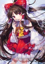 Rule 34 | 1girl, alternate neckwear, bow, bowtie, brown hair, collarbone, detached sleeves, frilled shirt collar, frills, grey background, gunjou row, hair bow, hakurei reimu, hand up, highres, holding, long hair, long sleeves, looking at viewer, nail polish, ofuda, red bow, red eyes, red nails, red skirt, red vest, see-through, simple background, skirt, smile, solo, touhou, very long hair, vest, wide sleeves, yellow bow, yellow bowtie