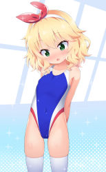 Rule 34 | 1girl, arms behind back, blonde hair, blue one-piece swimsuit, blush, chestnut mouth, commentary request, competition swimsuit, covered navel, cowboy shot, flat chest, green eyes, hairband, highleg, highleg swimsuit, highres, idolmaster, idolmaster cinderella girls, looking at viewer, multicolored clothes, multicolored swimsuit, nose blush, one-piece swimsuit, rei no pool, sakurai momoka, short hair, solo, swimsuit, wavy hair, yuuma (skirthike)