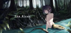 Rule 34 | 1girl, absurdres, arknights, ass, black hair, blue eyes, breasts, commentary, eunectes (arknights), forest, from behind, highres, huge filesize, looking back, medium breasts, nature, nude, outdoors, parted lips, pointy ears, short hair, solo, tail, tree, water, xiaobei