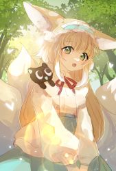 Rule 34 | 1girl, :o, absurdres, animal, animal ears, animal on shoulder, arknights, between legs, black cat, blonde hair, blue hairband, blue skirt, cat, cat on shoulder, cowboy shot, forest, fox ears, fox girl, fox tail, frilled hairband, frills, green eyes, hairband, hand between legs, highres, kitsune, long hair, long sleeves, luo xiaohei zhanji, multicolored hair, multiple tails, nature, neck ribbon, open mouth, red ribbon, ribbon, shirt, sico yuzi, skirt, solo, streaked hair, suzuran (arknights), suzuran (spring praise) (arknights), tail, tree, white hair, white shirt