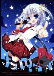 Rule 34 | 1girl, :d, absurdres, blue eyes, cape, cat, eyepatch, fang, highres, microphone, nanaka mai, open mouth, pointing, pointing at viewer, school uniform, silhouette, sky, smile, star (sky), star (symbol), starry sky, striped clothes, striped thighhighs, thighhighs, two side up, white hair