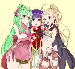 Rule 34 | 3girls, belt, black gloves, blonde hair, blush, cape, circlet, closed mouth, dress, fire emblem, fire emblem: mystery of the emblem, fire emblem: the sacred stones, fire emblem awakening, fire emblem heroes, gloves, green eyes, green hair, heart, heart hands, heart hands duo, highres, long hair, multiple girls, myrrh (fire emblem), nintendo, nowi (fire emblem), open mouth, patty ojisan, pink dress, pointy ears, ponytail, purple eyes, purple hair, red eyes, short dress, short shorts, shorts, simple background, thighhighs, tiki (fire emblem), tiki (young) (fire emblem), white dress, yellow background