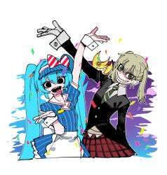 Rule 34 | 2girls, absurdres, black eyes, black mouth, blonde hair, blue hair, bow, confetti, crossover, dress, fangs, gloves, green eyes, green necktie, grin, hatsune miku, highres, long hair, looking at viewer, maka albarn, mesmerizer (vocaloid), moon, multiple girls, necktie, open mouth, outstretched arm, pinstripe dress, pinstripe hat, pinstripe pattern, plaid, plaid skirt, ratatatat74, skirt, smile, soul eater, striped necktie, teeth, tongue, tongue out, twintails, visor cap, vocaloid, white gloves, wrist cuffs