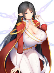 Rule 34 | 1girl, adele (maplestory), black hair, blush, breasts, cape, chixiao, cleavage, closed mouth, collarbone, grey eyes, high collar, highres, huge breasts, jacket, long hair, long sleeves, looking at viewer, maplestory, military, military uniform, pants, parted bangs, pointy ears, red cape, red jacket, simple background, solo, tagme, uniform, very long hair, white background, white pants, white uniform