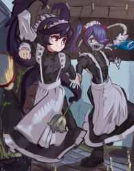 Rule 34 | 2girls, absurdres, apron, blue hair, blue skin, bottle, broom, colored skin, dress, duster, feather duster, filia (skullgirls), frilled apron, frilled dress, frills, full body, grabbing another&#039;s hand, highres, juliet sleeves, leviathan (skullgirls), long sleeves, maid, maid apron, moxydraws, multiple girls, open mouth, prehensile hair, puffy sleeves, red eyes, running, skullgirls, smile, spray bottle, squigly (skullgirls), stitched mouth, stitches, zombie