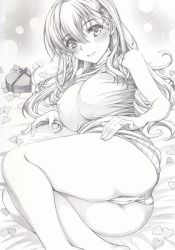 1girl ass blush box box_of_chocolates graphite_(medium) greyscale heart kantai_collection legs long_hair looking_at_viewer lying mikuro monochrome on_side smile solo suzuya_(kancolle) traditional_media valentine