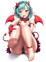 Rule 34 | 1girl, ankle belt, aqua hair, ass, bang dream!, bare shoulders, barefoot, black panties, blush, brown eyes, cameltoe, commentary request, demon tail, fake horns, feet, full body, fur collar, gloves, hairband, hand on own knee, heart, hikawa hina, horns, lambda (kusowarota), looking at viewer, panties, red gloves, red skirt, short hair, simple background, sitting, skirt, soles, solo, tail, toes, underwear, v, white background, wings
