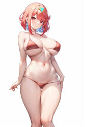 Rule 34 | 1girl, ai-assisted, bikini, bikini pull, blush, breasts, clothes pull, commentary, dakkalot, dangle earrings, earrings, english commentary, headpiece, jewelry, large breasts, looking at viewer, micro bikini, navel, pyra (xenoblade), red bikini, red eyes, red hair, short hair, simple background, smile, solo, standing, swept bangs, swimsuit, tiara, white background, xenoblade chronicles (series), xenoblade chronicles 2