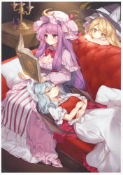 Rule 34 | 3girls, absurdres, artist name, bat wings, blonde hair, blue ribbon, book, border, bow, bowtie, breasts, candle, cleavage, couch, crescent, crescent hair ornament, cup, drawer, dress, drinking glass, closed eyes, floating, floating book, floating object, grimoire, hair between eyes, hair ornament, hajin, hat, hat bow, hat ribbon, highres, indoors, kirisame marisa, lap pillow, light rays, long hair, long sleeves, looking at another, lying, medium breasts, mob cap, multiple girls, on back, parted lips, patchouli knowledge, petticoat, pillow, plant, puffy sleeves, purple dress, purple eyes, purple hair, red bow, red neckwear, red ribbon, remilia scarlet, ribbon, scan, sidelocks, sleeping, smile, touhou, very long hair, white border, white bow, white dress, wine glass, wings, witch hat, yellow eyes