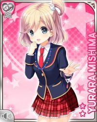Rule 34 | 1girl, beads, blonde hair, blue jacket, girlfriend (kari), grey eyes, jacket, jewelry, looking at viewer, mishima yurara, necklace, neckwear request, official art, pink background, plaid, plaid skirt, qp:flapper, red skirt, short hair, side ponytail, skirt, smile, solo, standing, tagme