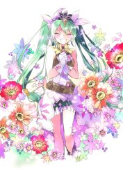 Rule 34 | 1girl, ^ ^, blush, ascot, closed eyes, flower, frey (rune factory), gloves, green hair, harvest moon, jewelry, long hair, miniskirt, oboro keisuke, open mouth, rune factory, rune factory 4, skirt, sleeveless, smile, solo, tears, tiara, twintails, white gloves