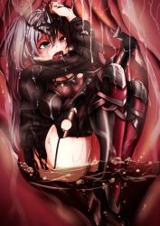Rule 34 | 1girl, acid, armored boots, black hair, blue eyes, boots, character request, female focus, grey hair, heterochromia, highres, inside creature, kuromoji (rxlindera), multicolored hair, open mouth, red eyes, sennen sensou aigis, solo, thigh boots, thighhighs, vore, wet
