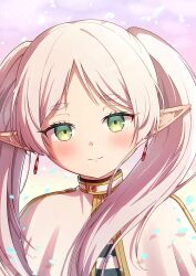 Rule 34 | 1girl, absurdres, blush, capelet, closed mouth, collared capelet, commentary request, earrings, elf, frieren, green eyes, high collar, highres, jewelry, long hair, looking at viewer, nene man, parted bangs, petals, pointy ears, smile, solo, sousou no frieren, split mouth, twintails, upper body, white capelet, white hair