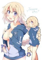 Rule 34 | 1girl, blonde hair, blue eyes, blush, braid, breasts, cleavage, collarbone, english text, fate/apocrypha, fate (series), headpiece, hood, hoodie, jeanne d&#039;arc (fate), jeanne d&#039;arc (ruler) (fate), large breasts, long hair, looking at viewer, naked hoodie, no bra, open clothes, open mouth, purple ribbon, ribbon, simple background, single braid, smile, solo, very long hair, white background, yuuhi alpha
