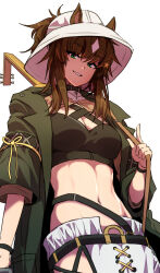 Rule 34 | 1girl, abs, absurdres, animal ears, arknights, black bra, bra, breasts, brown hair, cleavage, coat, commentary, cowboy shot, criss-cross halter, ears through headwear, english commentary, fedora, green coat, green eyes, hair ornament, halterneck, hat, highres, hip vent, horse ears, instrument, instrument on back, long hair, looking at viewer, lute (instrument), medium breasts, meteor (arknights), meteor (bard&#039;s holiday) (arknights), multicolored hair, navel, official alternate costume, open clothes, open coat, pants, parted lips, ponytail, samacho, sidelocks, simple background, smile, solo, sports bra, standing, star (symbol), star hair ornament, stomach, two-tone hair, underwear, white background, white hair, white hat, white pants, wristband