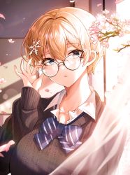 Rule 34 | 1girl, absurdres, adjusting eyewear, alternate costume, bad id, bad pixiv id, bespectacled, black sweater, blonde hair, blue bow, blue bowtie, blue eyes, bow, bowtie, breasts, cherry blossoms, classroom, collarbone, collared shirt, commentary, curtains, girls&#039; frontline, glasses, glint, hair between eyes, hair ornament, hand up, highres, indoors, large breasts, looking at viewer, mole, mole under eye, parted lips, polla, shirt, short hair, sidelocks, snowflake hair ornament, solo, standing, striped, striped bow, sweater, symbol-only commentary, upper body, vsk-94 (girls&#039; frontline), white shirt, window, window shadow