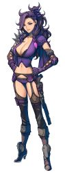Rule 34 | 1girl, absurdres, armor, boots, breasts, cleavage, collarbone, earrings, elbow gloves, full body, glasses, gloves, gun, hands on own hips, high heel boots, high heels, highres, holster, jewelry, knee boots, large breasts, lips, long hair, metal max, metal max xeno, midriff, mole, mole under eye, navel, oda non, official art, ponytail, purple eyes, purple hair, short shorts, shorts, shotgun, shoulder pads, shoulder spikes, simple background, solo, spikes, standing, thighhighs, weapon, white background