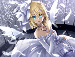 Rule 34 | 1girl, bad id, bad pixiv id, blonde hair, blue eyes, cage, cross, earrings, elbow gloves, feathers, female focus, gloves, hair ornament, hairclip, jewelry, kagamine rin, necklace, solo, ueno tsuki, vocaloid, wings