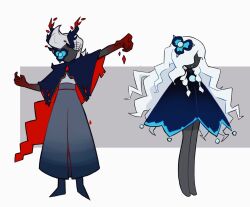 Rule 34 | 1boy, 1girl, black capelet, black horns, black skin, blue cloak, blue flower, capelet, character request, chinese commentary, claws, cloak, colored skin, commentary request, demon horns, faceless, faceless female, faceless male, flower, flower in eye, full body, gradient cloak, gradient clothes, gradient skin, grey background, grey hakama, hair flower, hair ornament, hakama, hakama pants, highres, horns, japanese clothes, long hair, magic, open mouth, outstretched arm, pants, red capelet, red skin, shirt, short hair, simple background, sky: children of the light, sparkle, symbol in eye, two-sided capelet, two-tone background, very long hair, wavy hair, white background, white hair, white shirt, yansui648