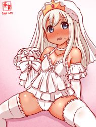 Rule 34 | 1girl, alternate costume, artist logo, blonde hair, blue eyes, blush, bouquet, breasts, bridal veil, cameltoe, collarbone, commentary request, cowboy shot, dated, dress, elbow gloves, flower, frilled gloves, frills, gloves, gradient background, invisible chair, kanon (kurogane knights), kantai collection, lace trim, lingerie, long hair, looking at viewer, nose blush, one-hour drawing challenge, one-piece tan, pink background, ro-500 (kancolle), sitting, small breasts, solo, spread legs, tan, tanline, teddy (lingerie), thighhighs, tiara, underwear, veil, wedding dress, white gloves, white thighhighs