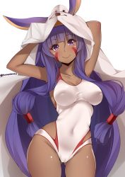 Rule 34 | 1girl, animal ears, arms up, artist name, blunt bangs, blush, breasts, cameltoe, closed mouth, covered erect nipples, covered navel, cowboy shot, curvy, dark-skinned female, dark skin, eyeliner, facial mark, fate/grand order, fate (series), gluteal fold, hairband, head tilt, highres, inverted nipples, kanachirou, large breasts, long hair, looking at viewer, makeup, medjed (fate), nipples, nitocris (fate), nitocris (fate/grand order), nitocris (swimsuit assassin) (fate), nitocris (swimsuit assassin) (second ascension) (fate), one-piece swimsuit, purple eyes, purple hair, sidelocks, simple background, smile, solo, swimsuit, taut clothes, taut swimsuit, thighs, twitter username, very long hair, white background, white one-piece swimsuit, wide hips