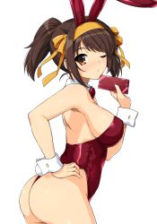 Rule 34 | 1girl, animal ears, ass, blush, bow, bowtie, breasts, brown eyes, brown hair, chocolate, closed mouth, commentary request, detached collar, fake animal ears, fake tail, food, hairband, hand on own hip, hand up, haruhisky, highres, holding, holding chocolate, holding food, large breasts, leotard, looking at viewer, one eye closed, playboy bunny, ponytail, rabbit ears, rabbit tail, red bow, red bowtie, red leotard, sideboob, simple background, solo, strapless, strapless leotard, suzumiya haruhi, suzumiya haruhi no yuuutsu, tail, thong leotard, turning head, twisted torso, white background, white wrist cuffs, wrist cuffs, yellow hairband