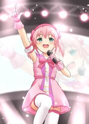 Rule 34 | 1girl, :d, absurdres, alternative girls, armpits, blurry, blurry background, blush, bow, collarbone, cowboy shot, crossed bangs, dress, dress bow, gloves, green eyes, hairband, highres, holding, holding microphone, light particles, mano sakurako, microphone, open mouth, pink dress, pink gloves, pink hair, pink hairband, screen zoom, short dress, sleeveless, sleeveless dress, smile, solo, stage lights, sweat, teeth, thighhighs, upper teeth only, white thighhighs, yutuki ame